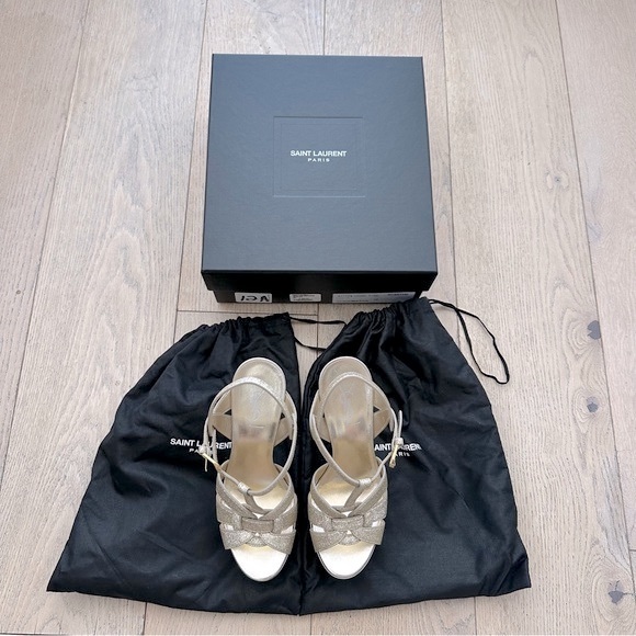 Saint Laurent Tribute Platform Stiletto Sandals: Metallic Gold Glitter Leather - Picture 2 of 16